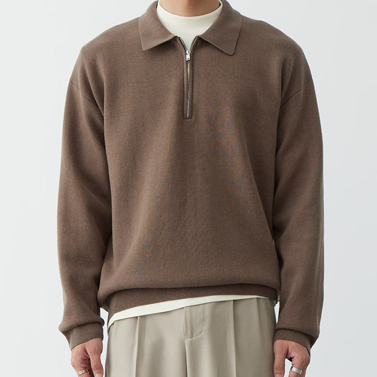 Pull homme col polo marron coupe ample