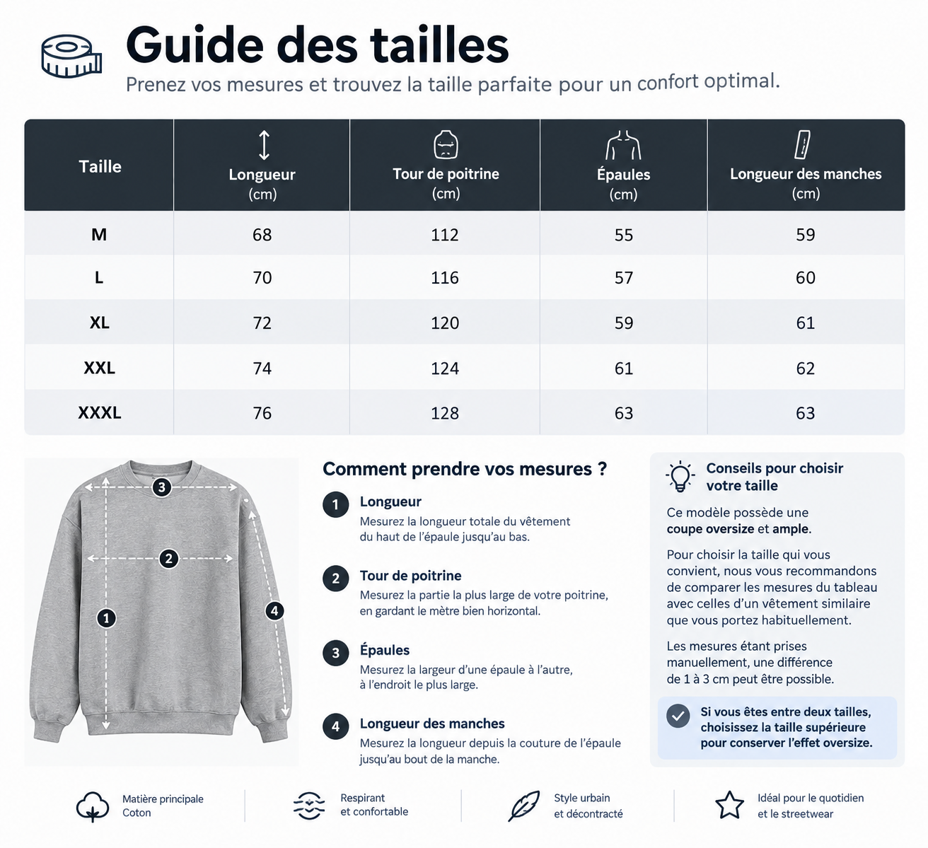Guide des tailles du sweat homme oversize